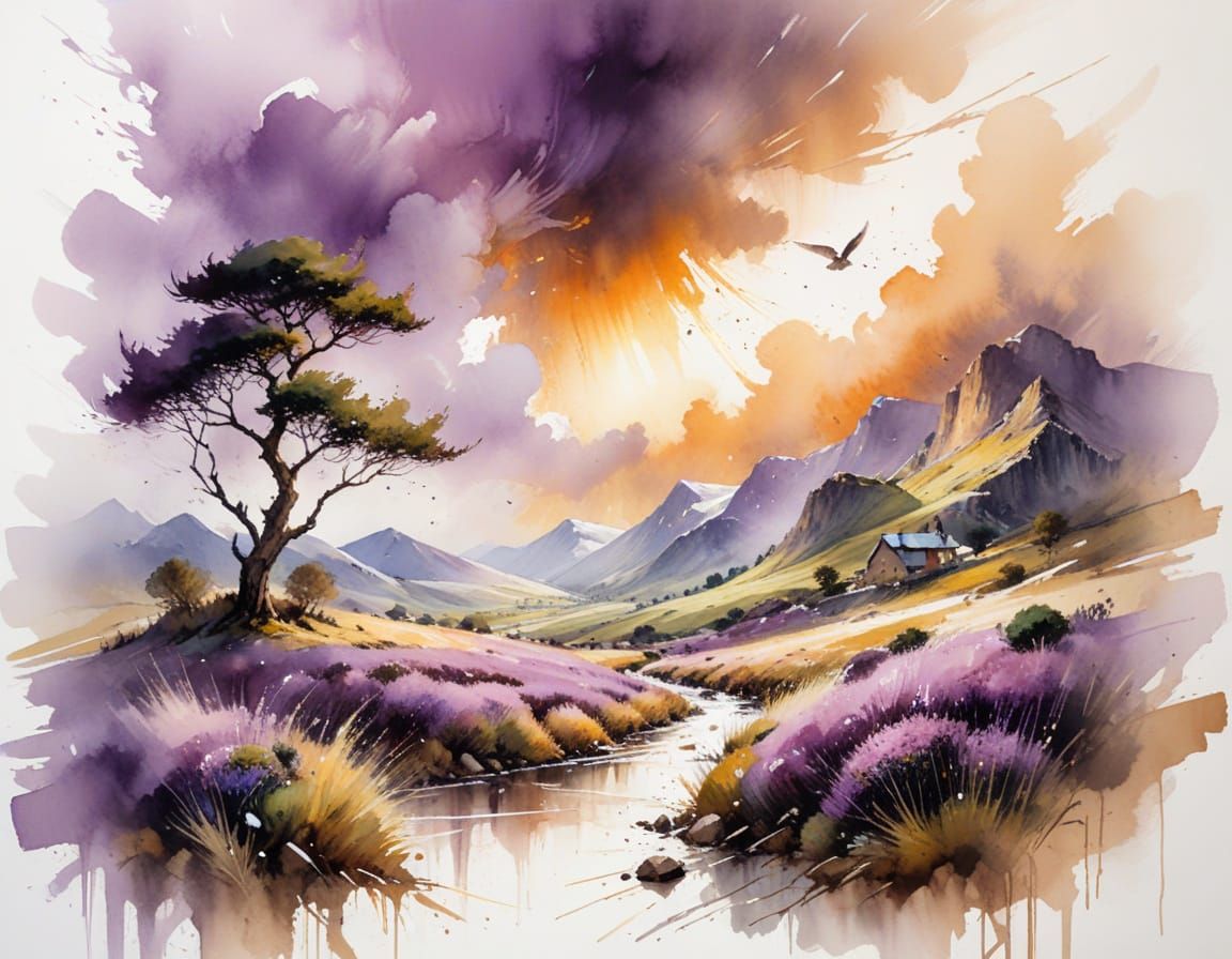 Heather Moorland with Cottage in Golden Sunlight