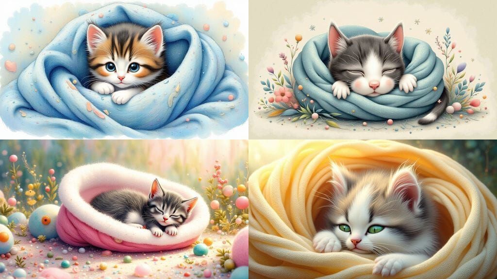 Surreal Whimsical Portrait of a Snuggly Kitten in a Cozy Soc...