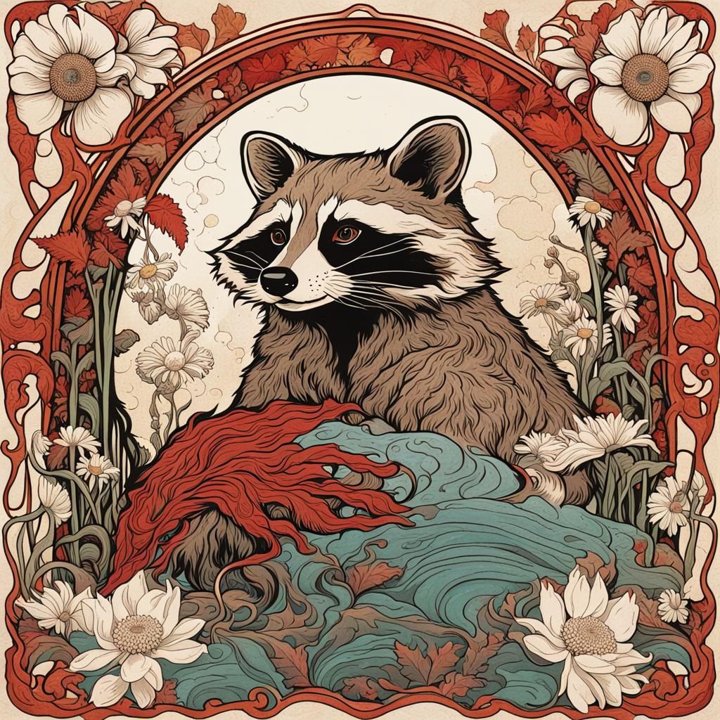 Raccoon and Mermaid in Mucha-Inspired Woodcut