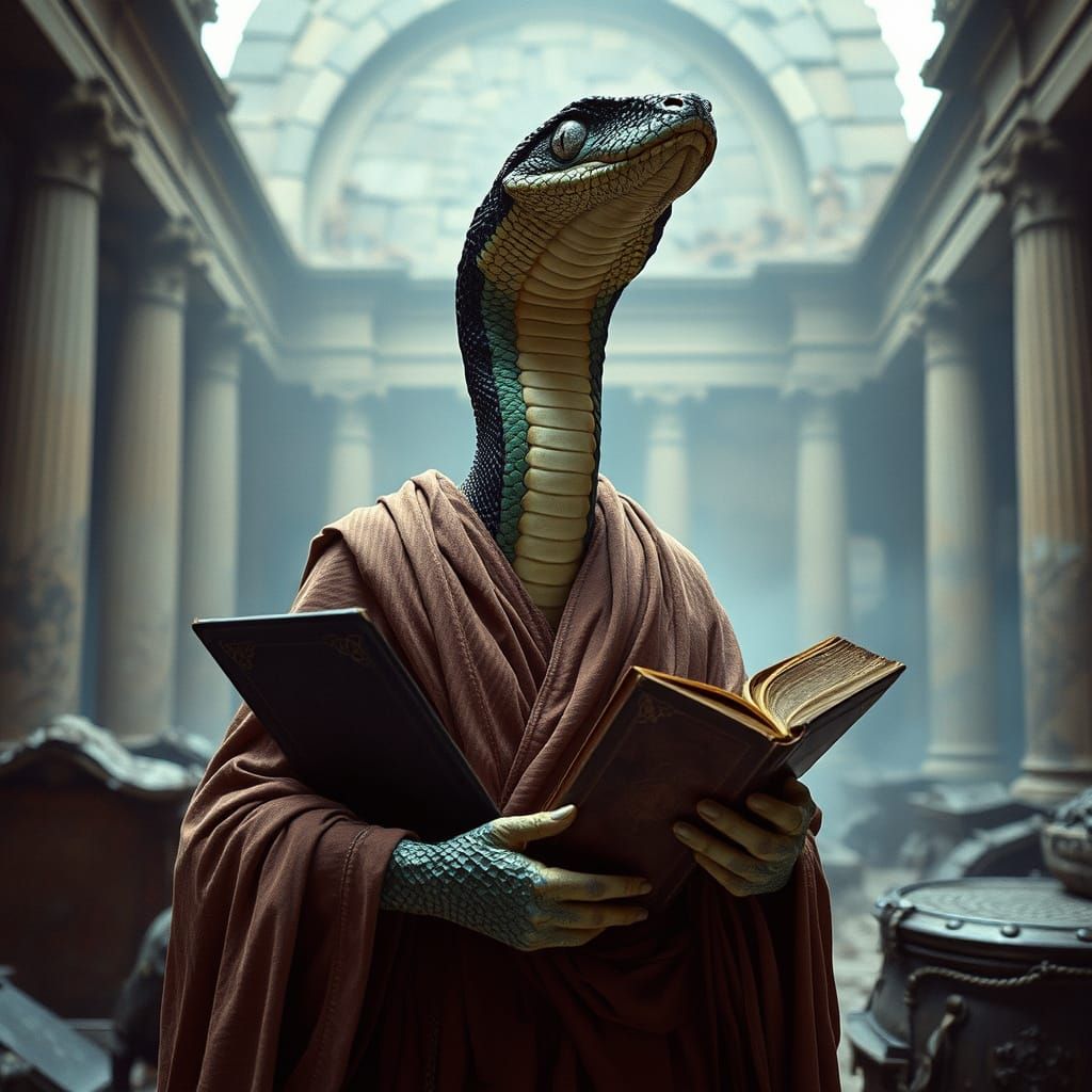 Serpentine Guardian in Ruined Library of Alexandria