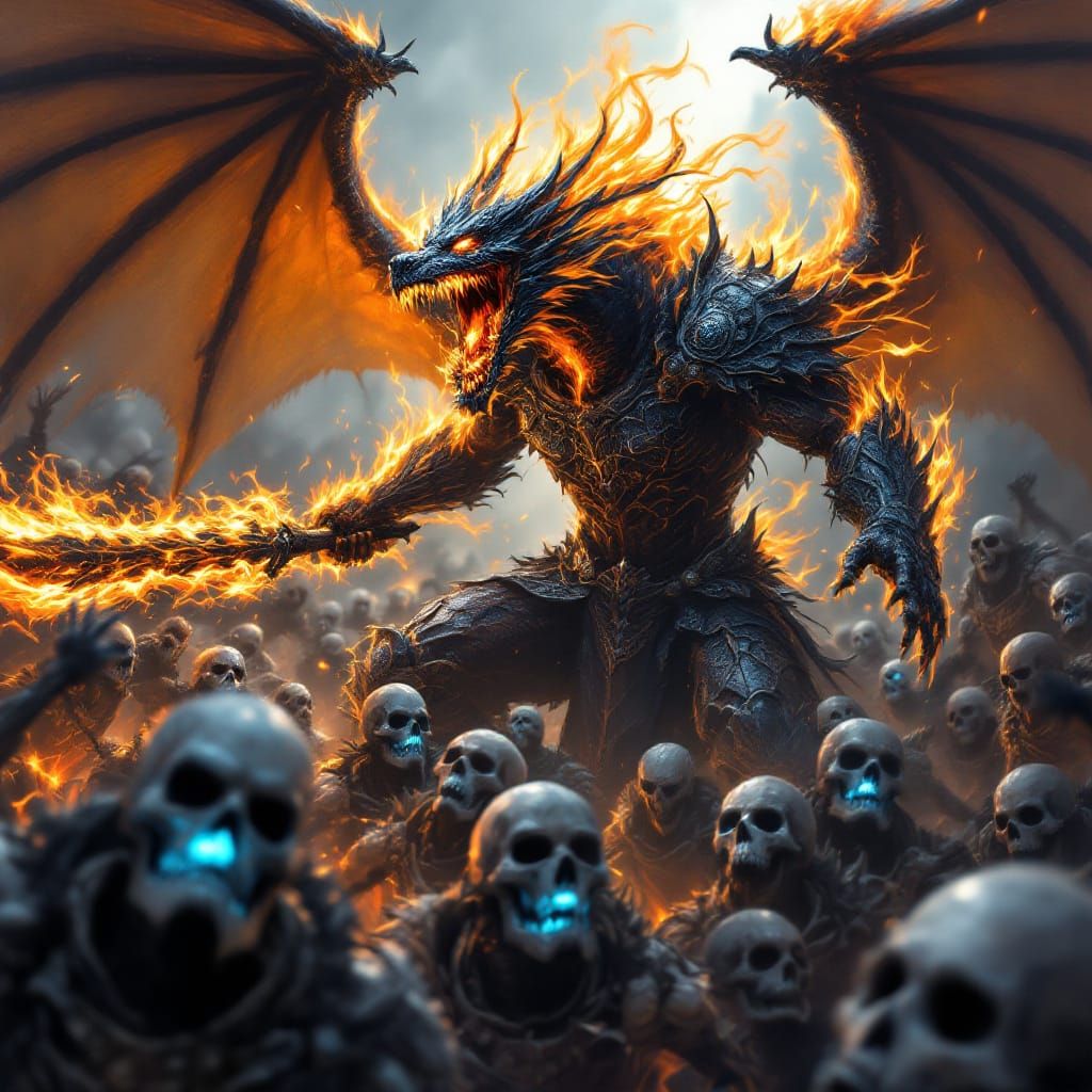 Fire Dragonborn Warrior Battles Skeletons in Epic Fantasy Ar...