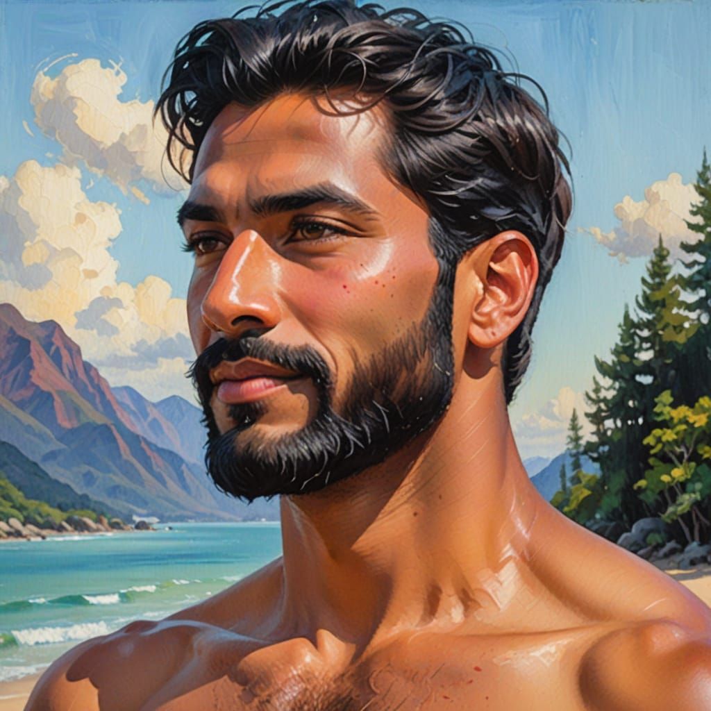 Cheerful Dark Brown Indian Man in a Velvet T-Shirt