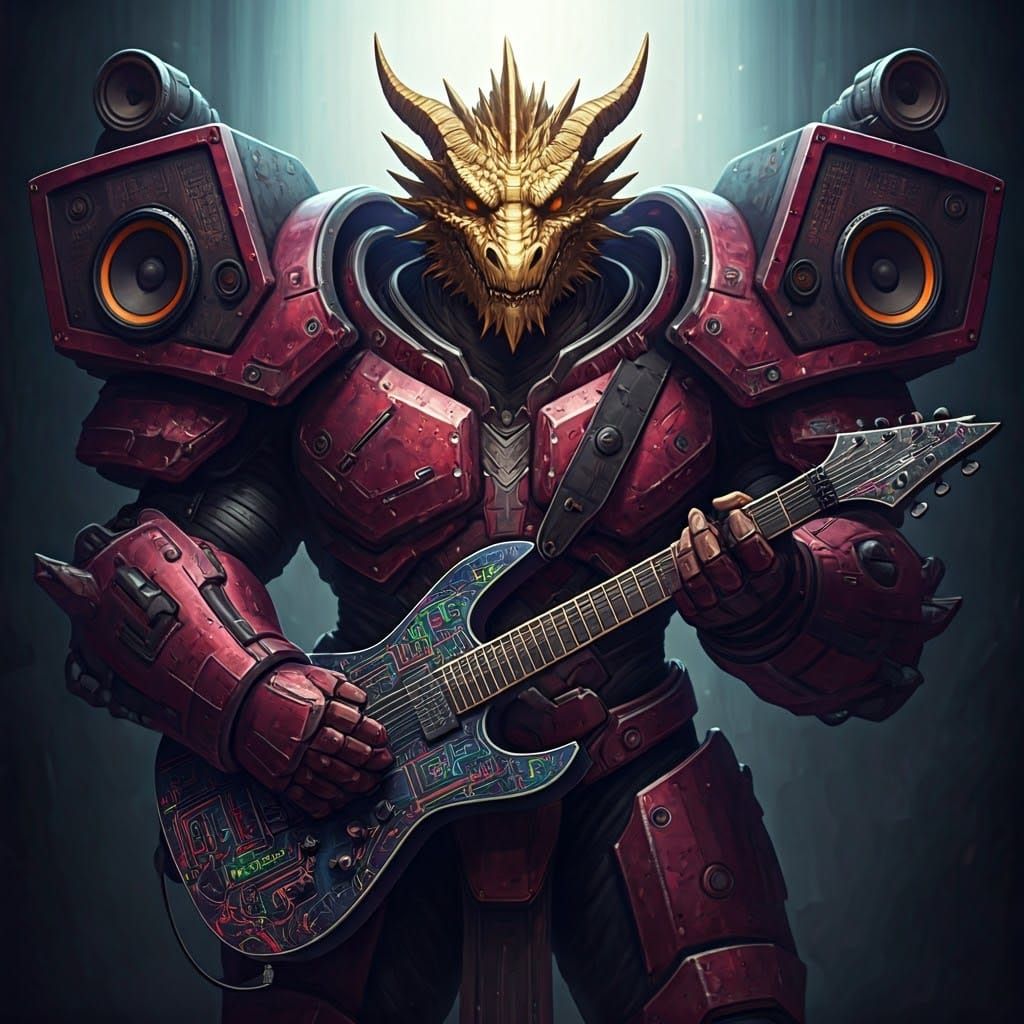 Dragonkin Warrior with Sonic Guitar in Cyberpunk Style
