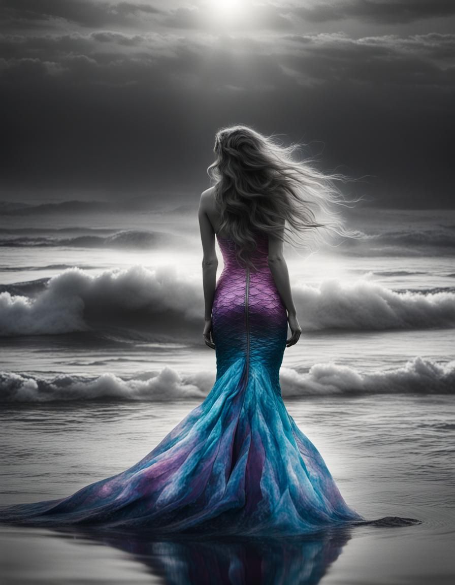 Surreal Ocean Mermaid in Black and White Photo