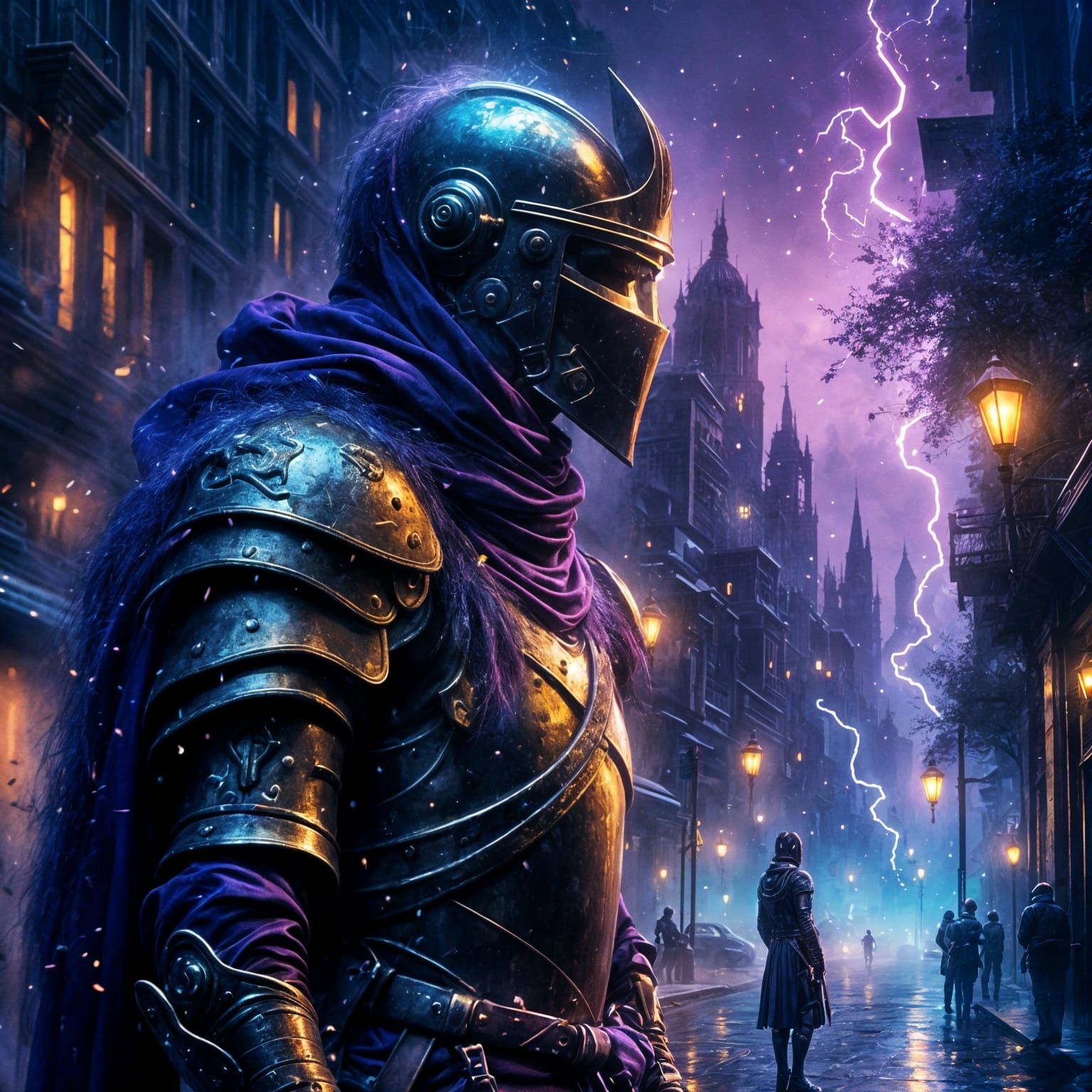 Knight at Futuristic City Entrance, Oil Painting Style