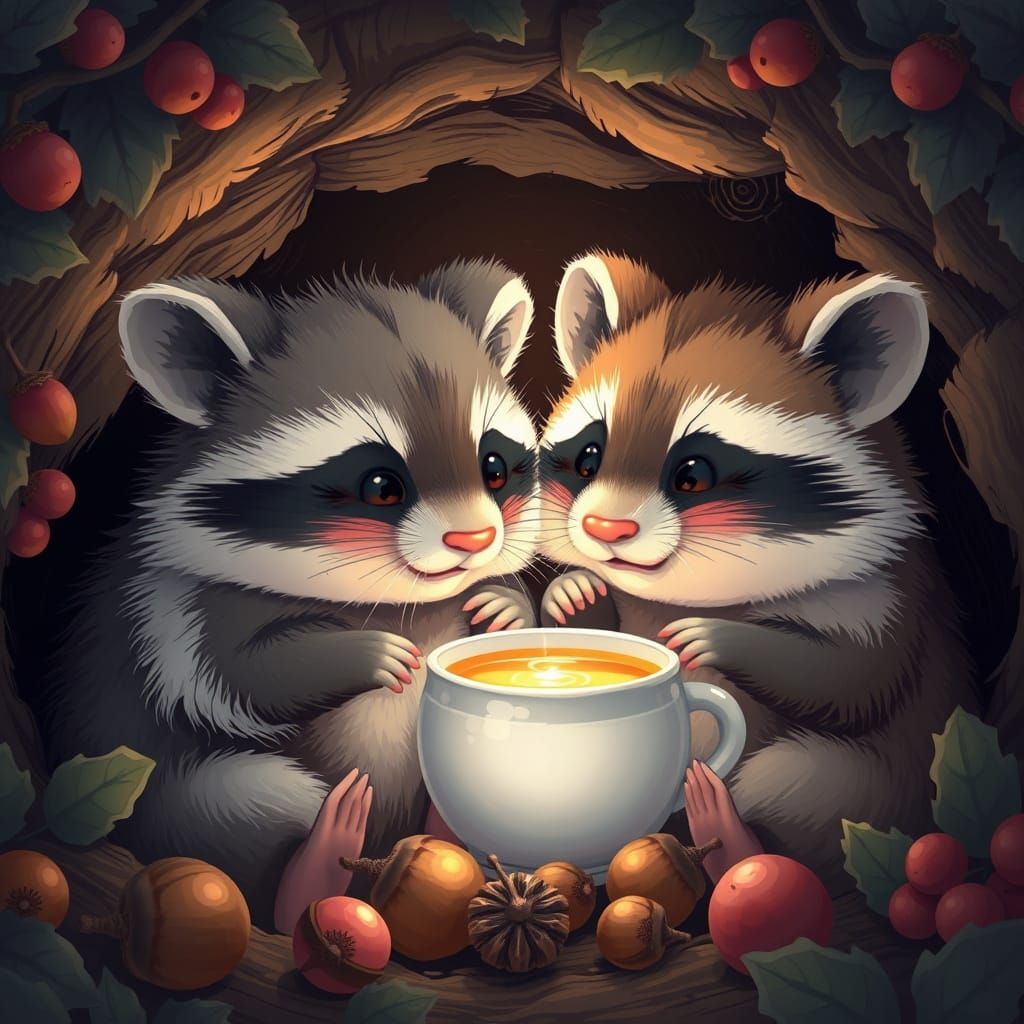 Kawaii Hamster and Raccoon Tea Party: Studio Ghibli Style