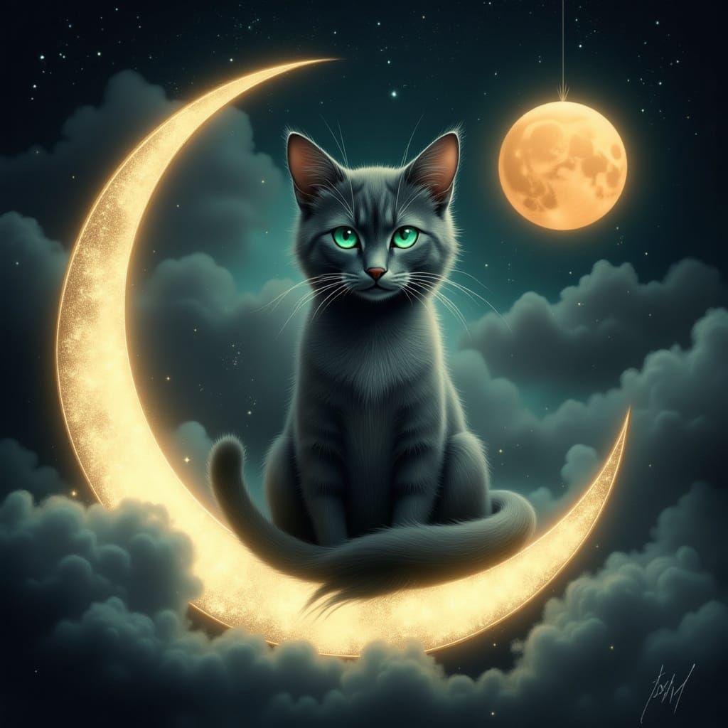 Tabby Cat on Moon with Starry Halloween Sky