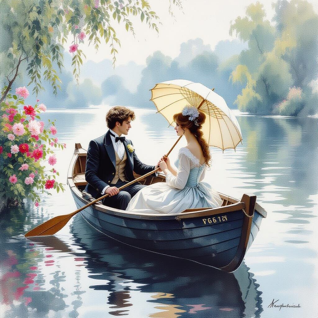 Victorian Couple in Rowboat Watercolour Painting