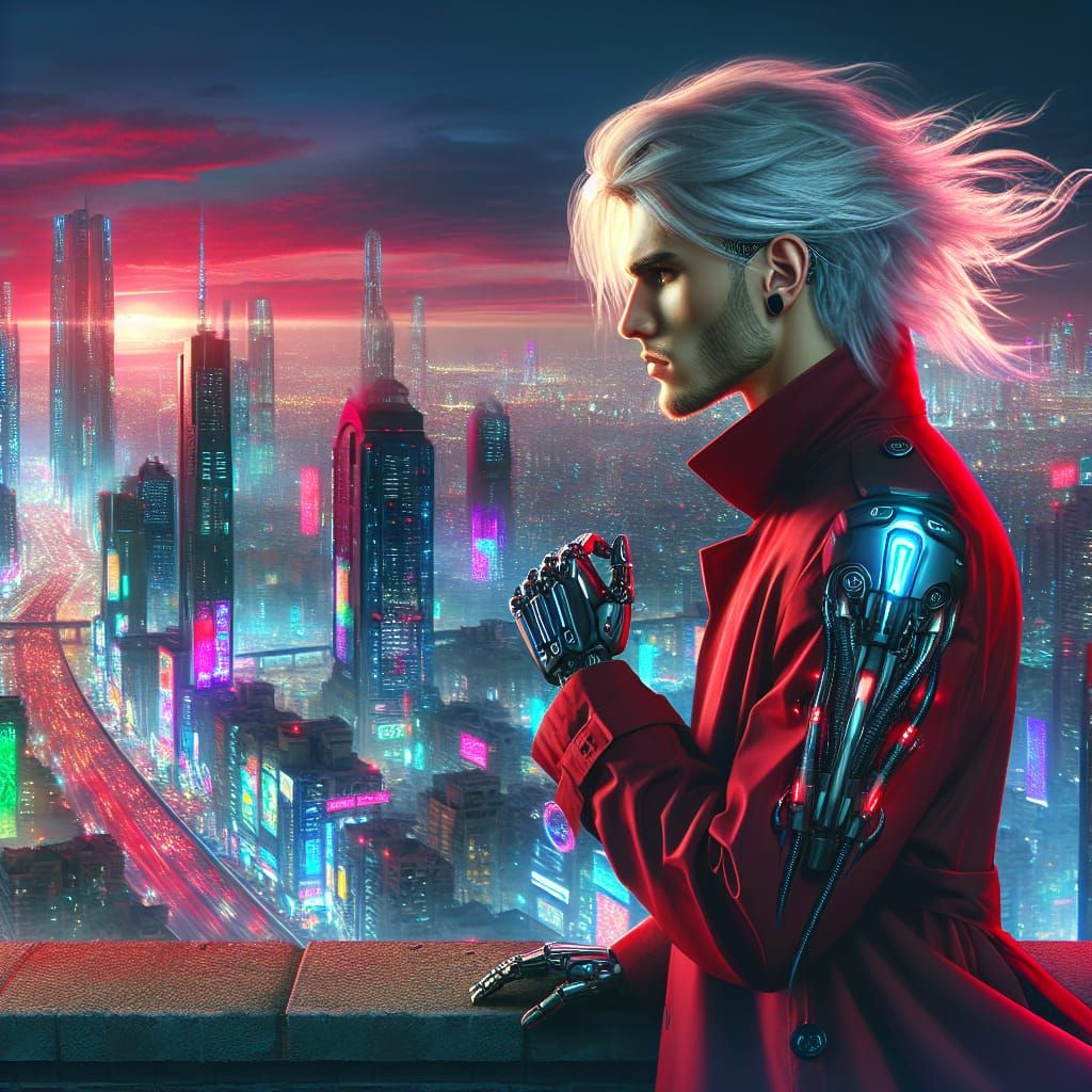 Cyberpunk Man with Cybernetic Implants in Neon City