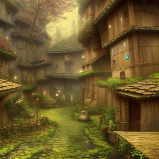Fantasy Fairy Town in Enchanted Forest, Detailed Art