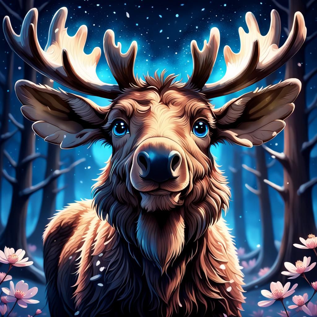 Anthropomorphic Moose in Blue Sakura Night, Digital Art