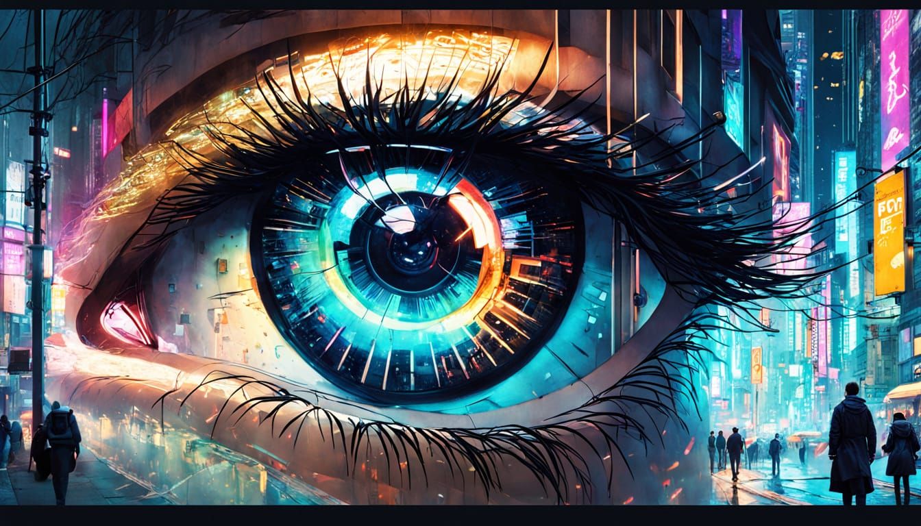 Cyberpunk Eye Reflecting City Street in Double Exposure