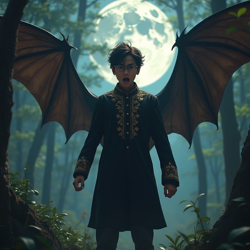 Pakistani Boy Embodies Fierce Batman in Moonlit Forest
