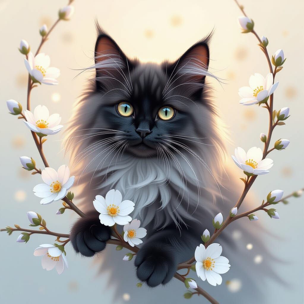 Angora Cat on Flower Branch in Watercolor Style