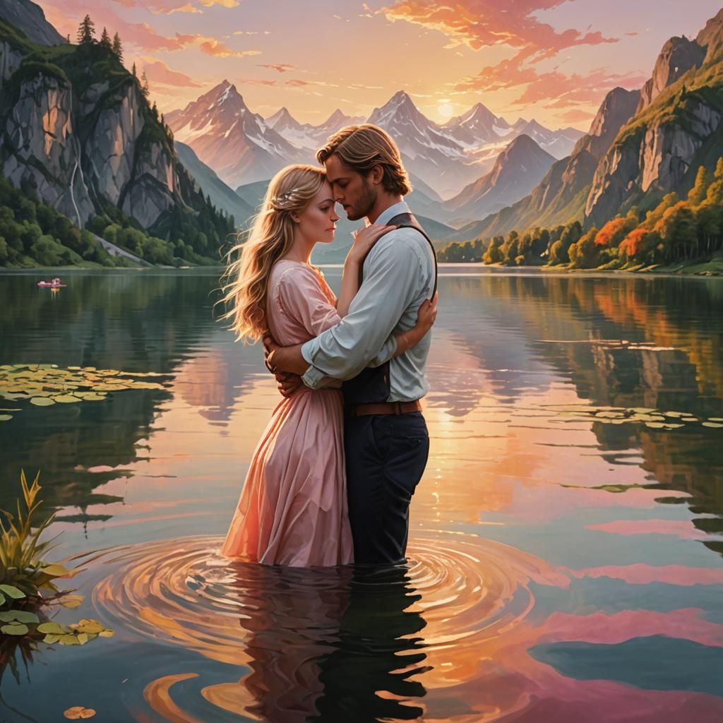 Romantic Lake Embrace in Dreamy Oil Painting Style