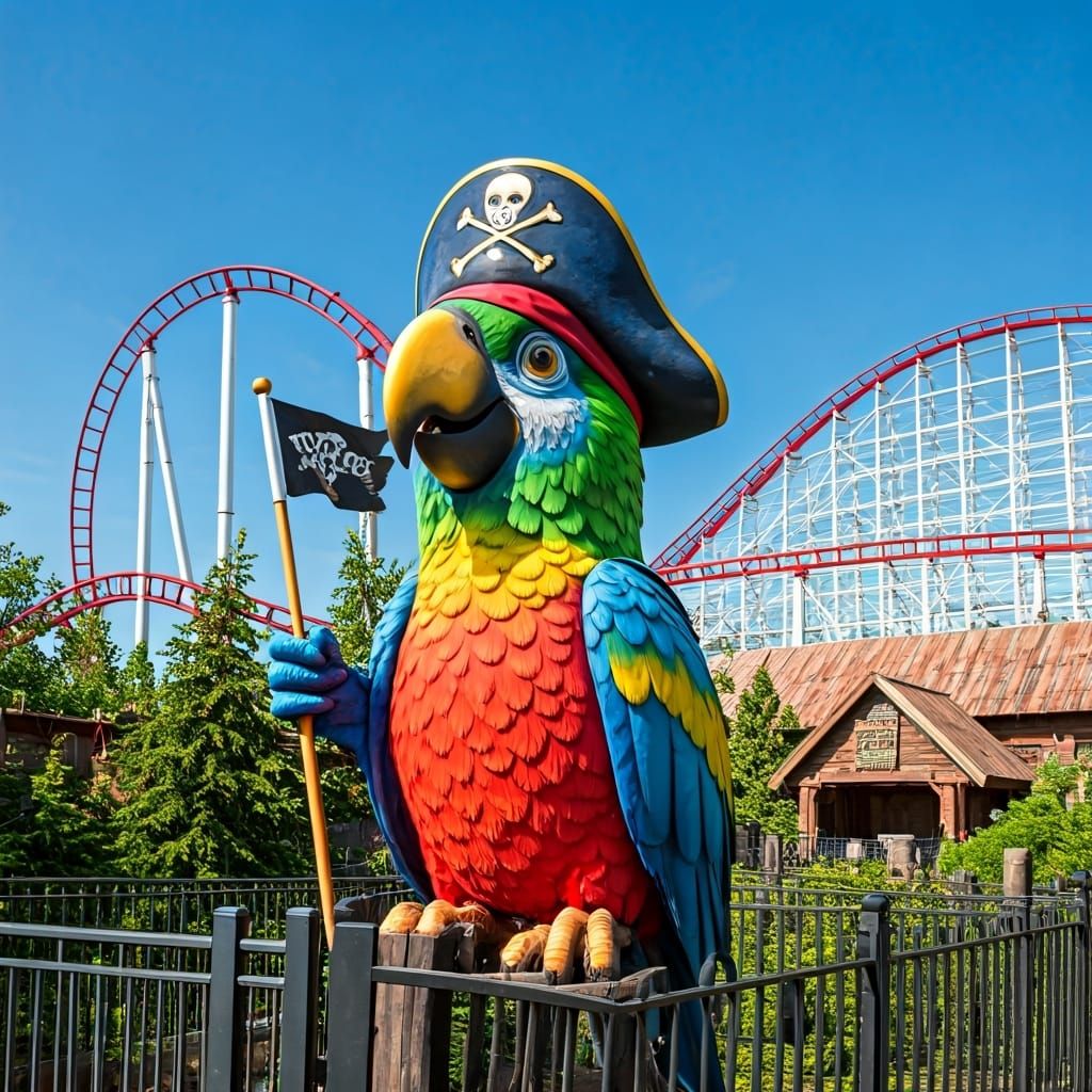 Theme Park mascot outside "Pirate Cove Theme park", The Mascot is a giant parrot with a pirate flag and pirate hat, roll...