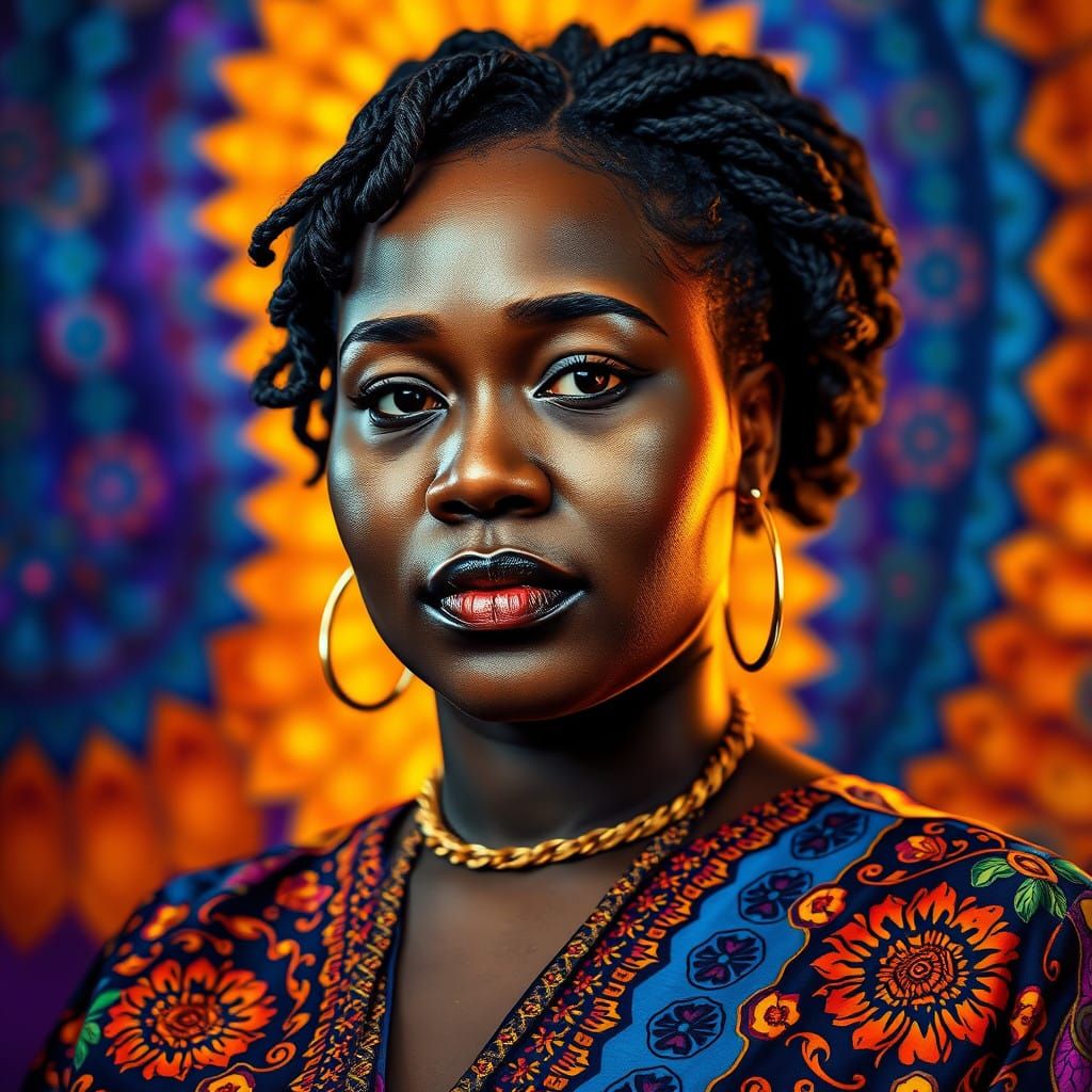 Vibrant Portrait of a Full-Figured Black Woman in a Kaleidos...