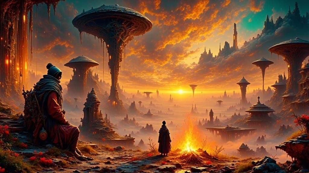 Exoplanet Wanderers Gather by Campfire, Hyperdetailed Portra...