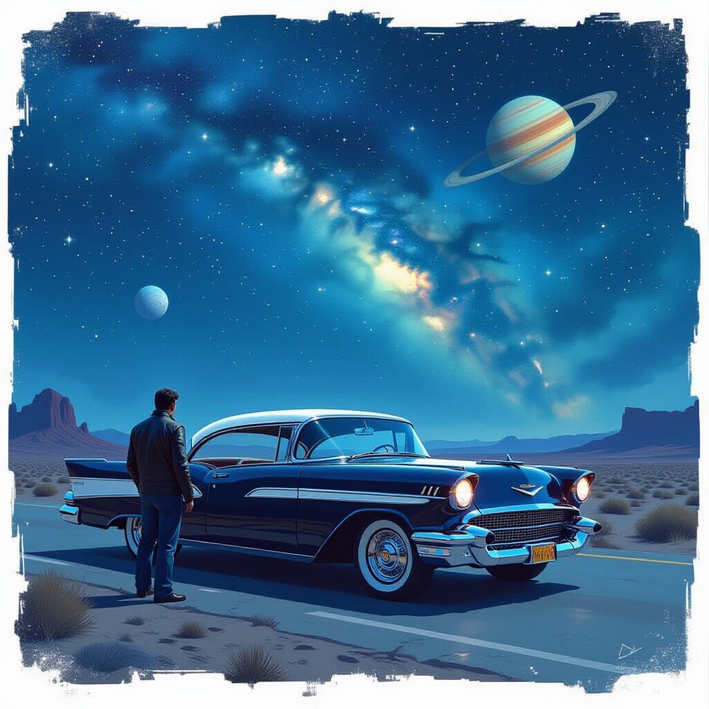 Man and 1950s Car on Desert Highway Under Cosmic Sky