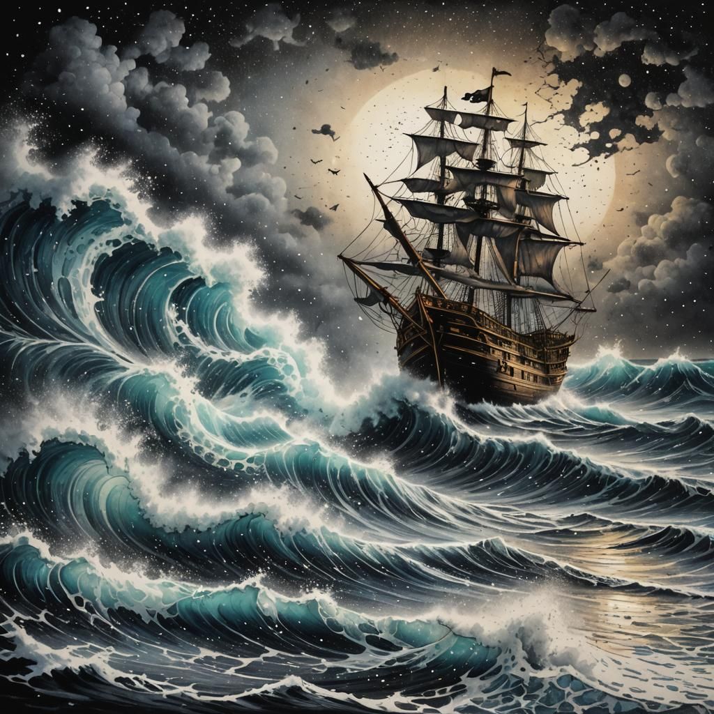 Stormy Pirate Ship in Pointillism Ink Style