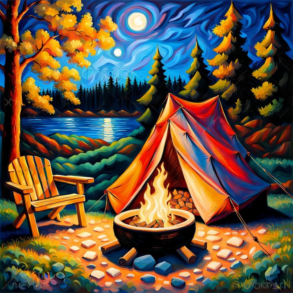 Glam Camping Under Moonlight: Neo-Impressionist Style