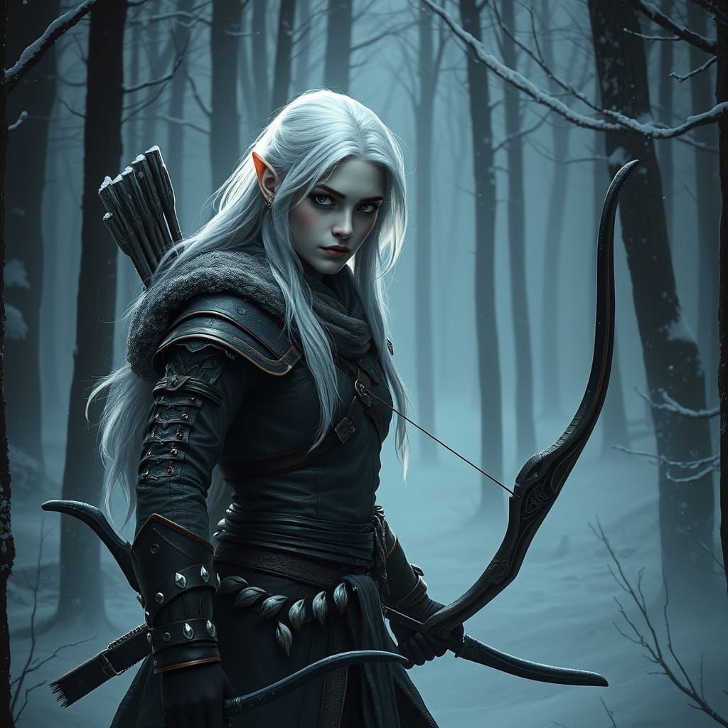 Albino Elf Huntress in Snowy Forest, Hyperrealistic Style