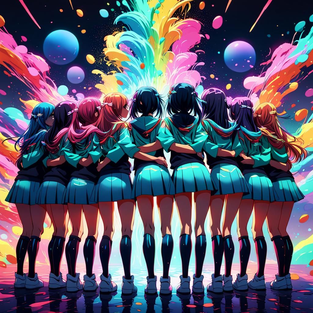 Vibrant Anime Girls Embrace in 3D Splash Art
