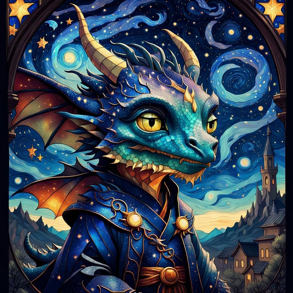 Chibi Dragon Wizard in Astral Stained Glass Style