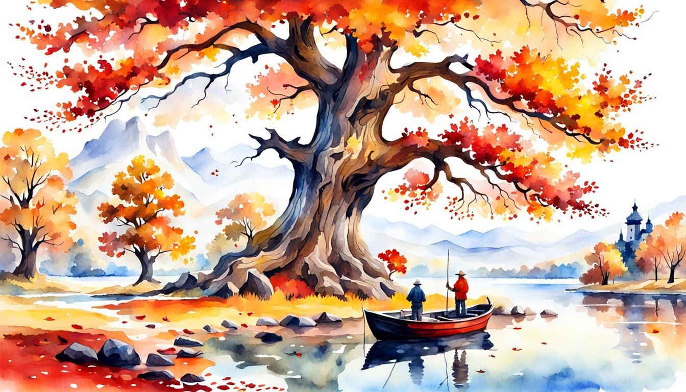 Autumn Fisherman in Classic Fantasy Landscape