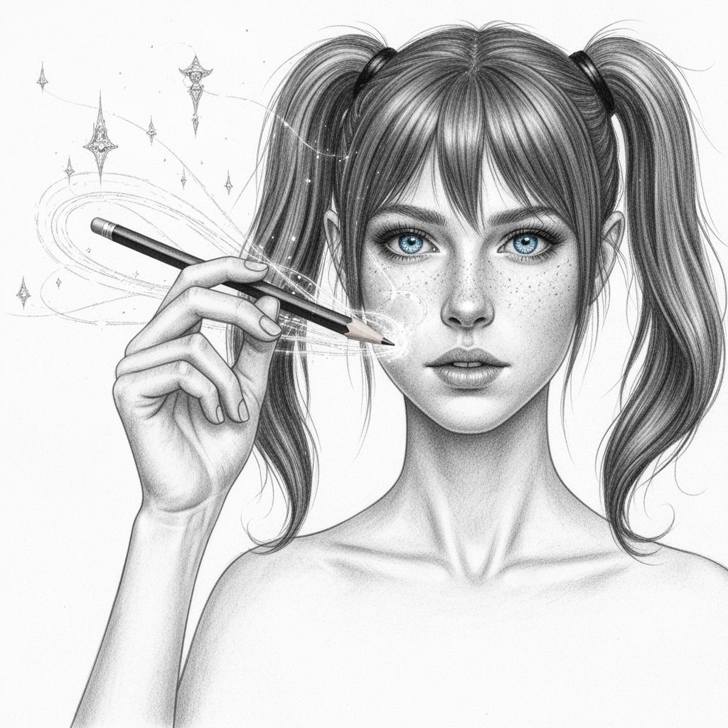Woman Drawing Fantasy World in Black and White Pencil