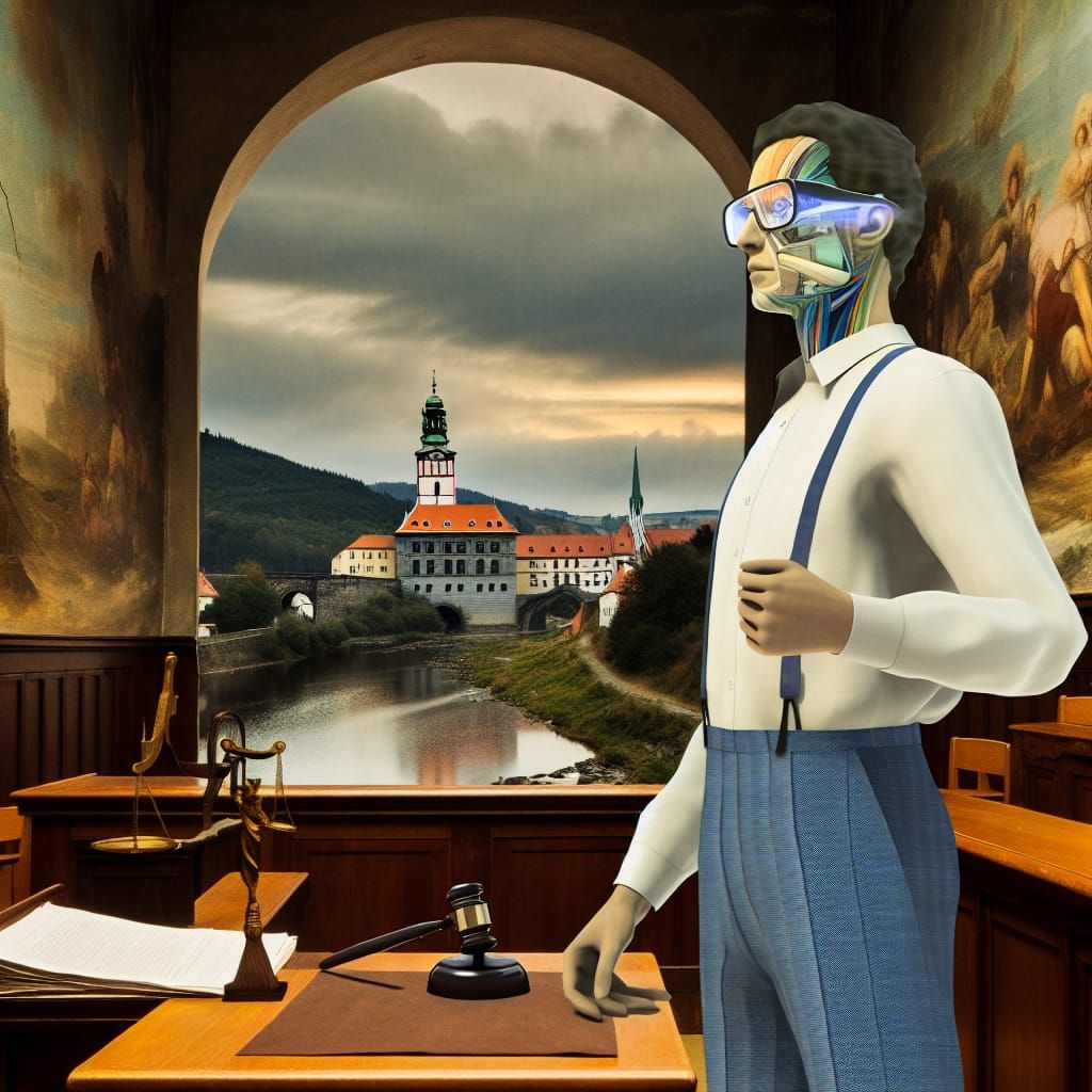 Futuristic Courtroom Scene in Ukiyo-e Style