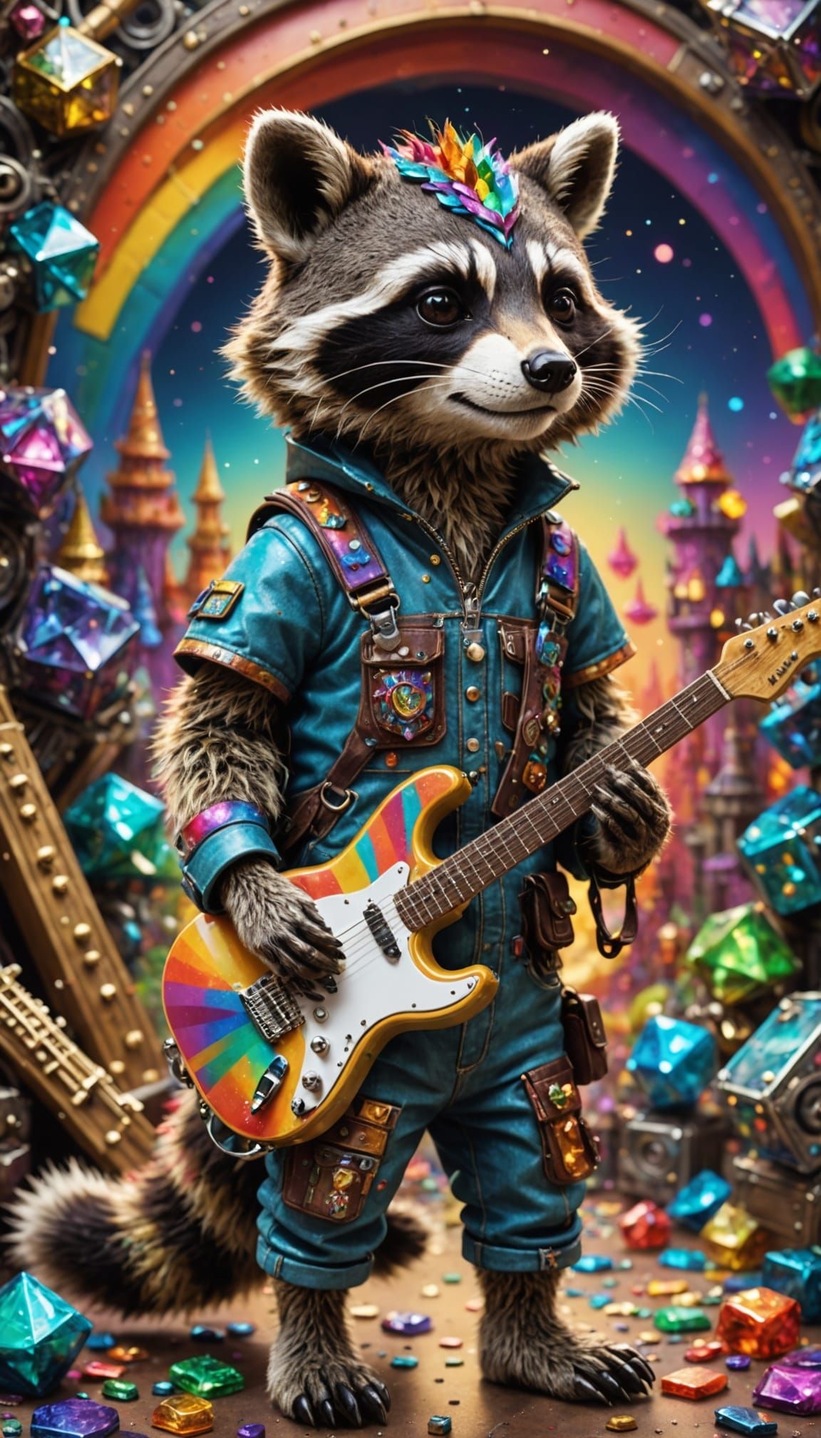 Whimsical Rainbow Hybrid Creature with Gummy Guitar