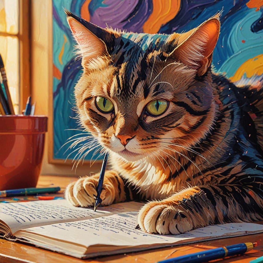 Expressive Cat Writes: Fauvist Expressionism in Bold Colors