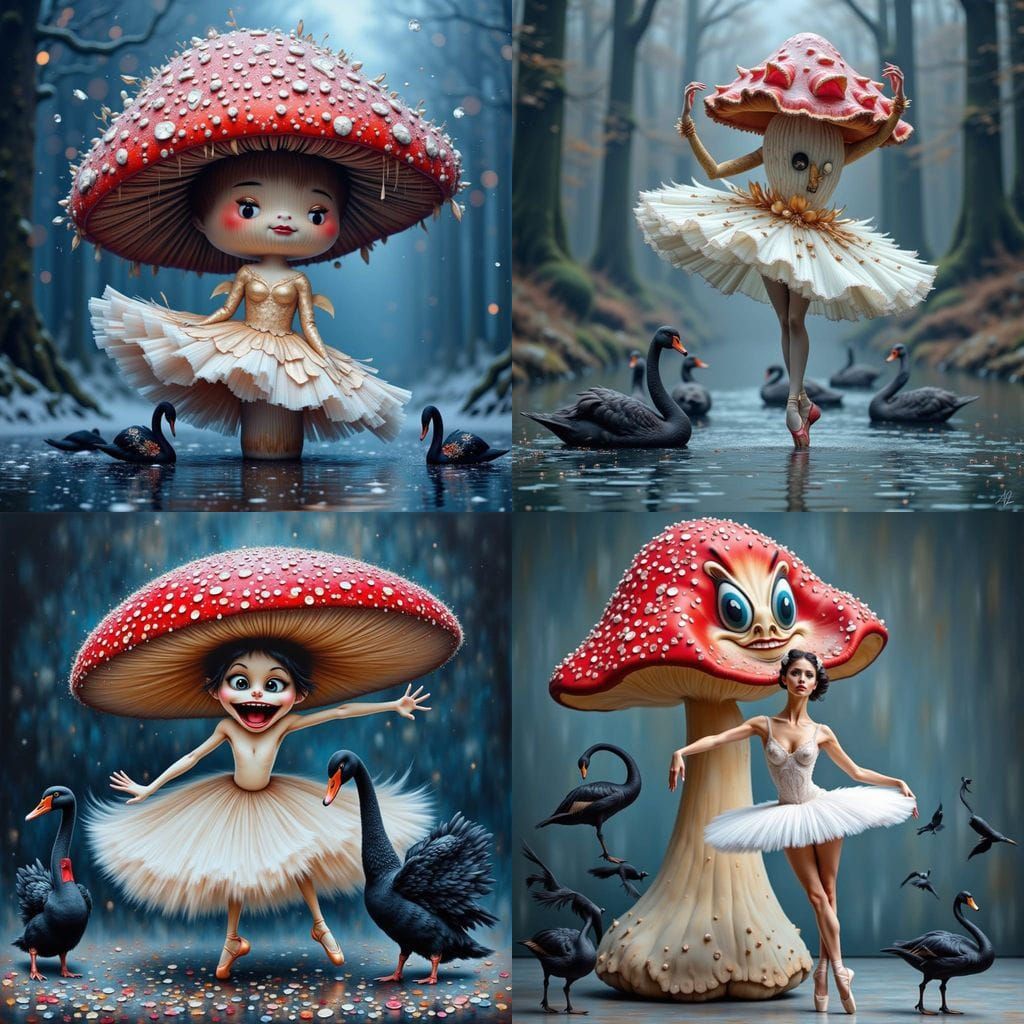 Surreal Ballet Scene Depicts Giant Mushroom Dancing with Bla...