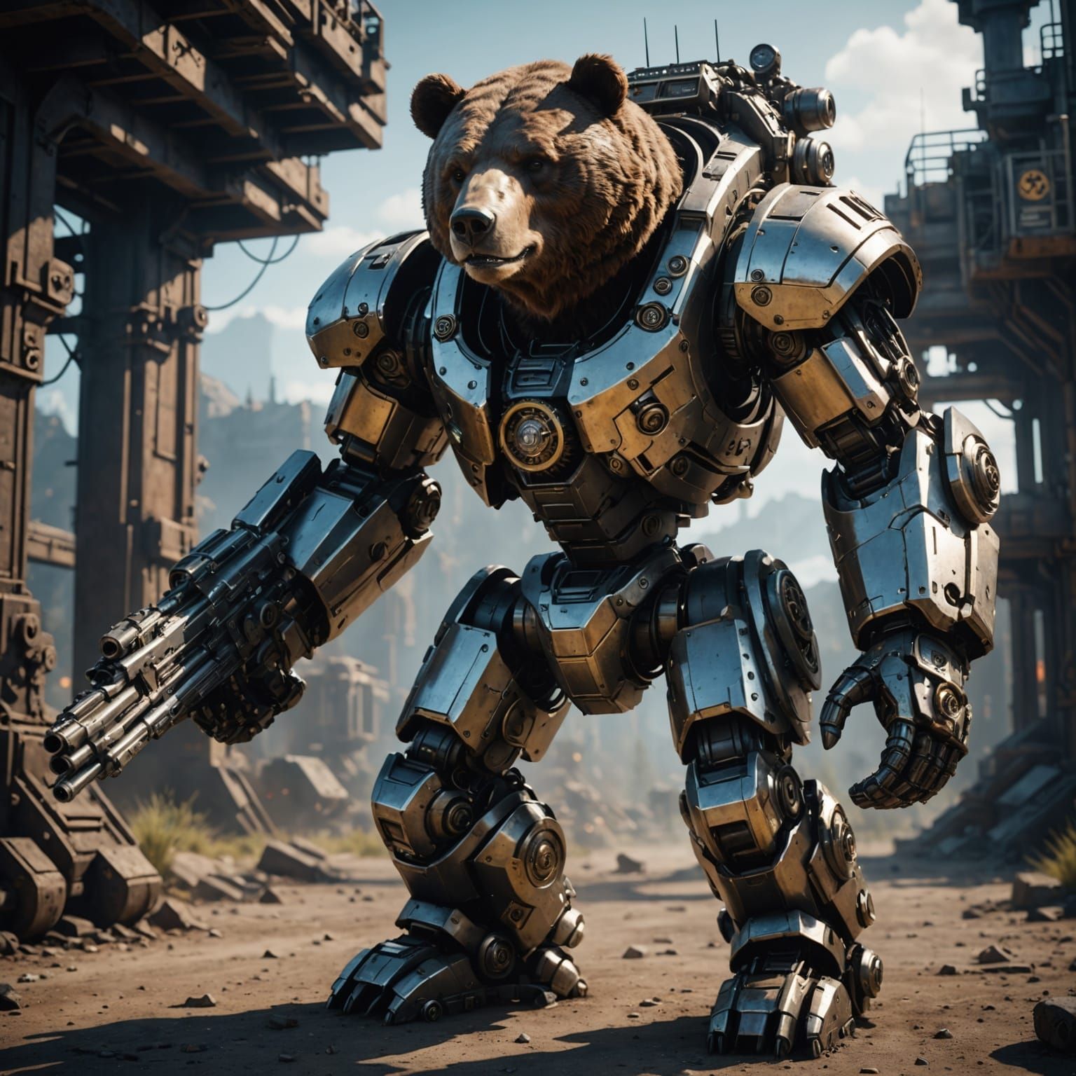 Cybernetic Bear Wields Mechanical Arm and Cannonball Helmet ...