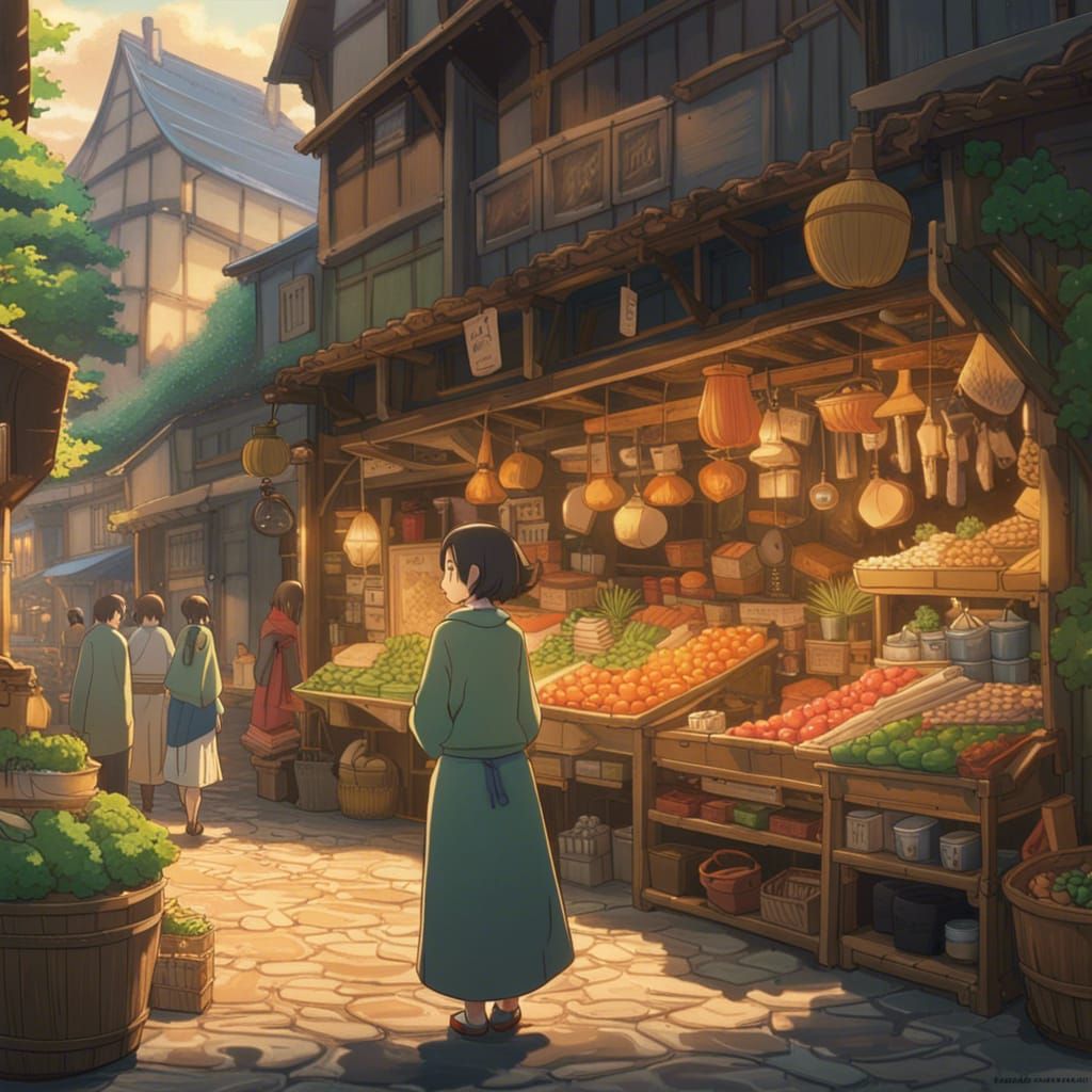 A beautiful wife shopping in a medieval market Studio Ghibli, Anime Key Visual, by Makoto Shinkai, Deep Color, Intricate...