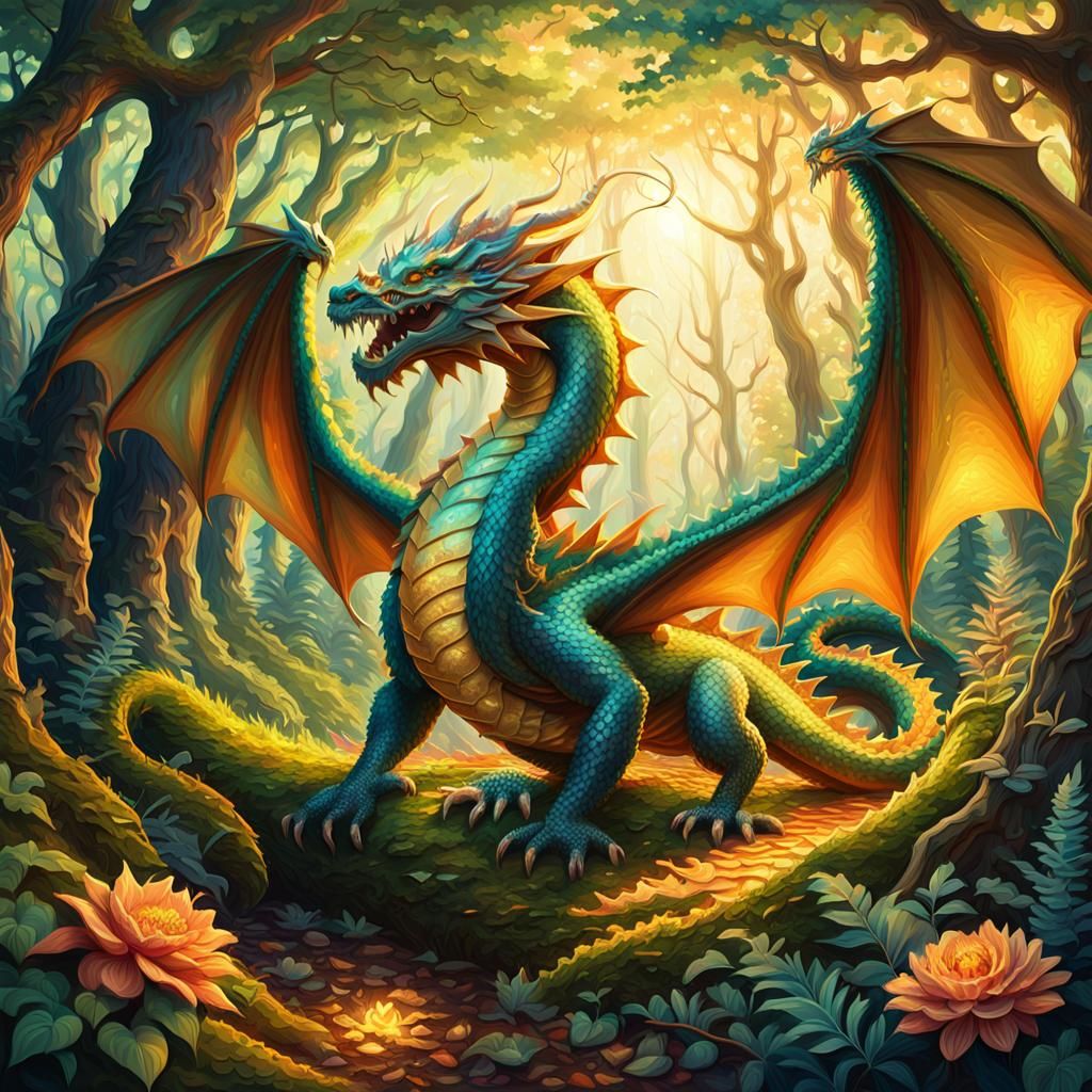 Dragon in Sunlit Forest: Whimsical Oil Painting