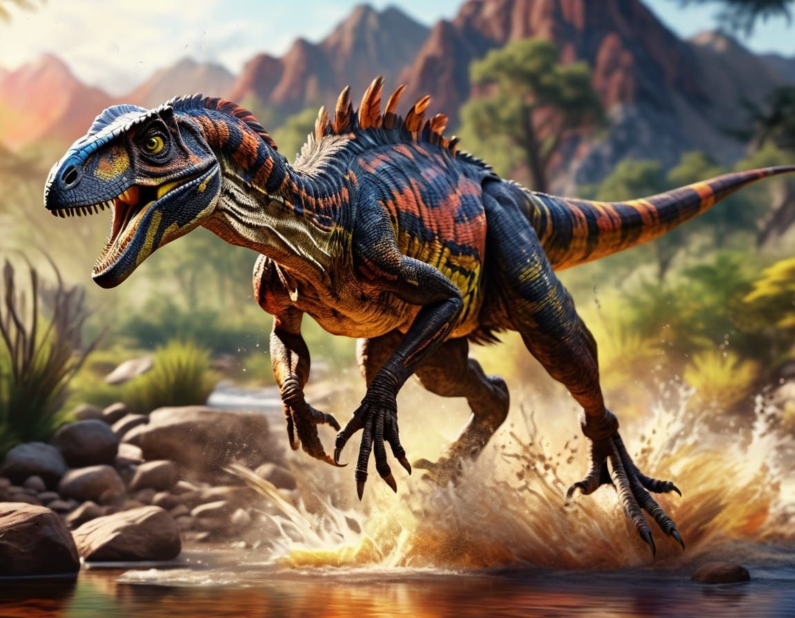 Velociraptor Sprinting in Creek Trail: Digital Art