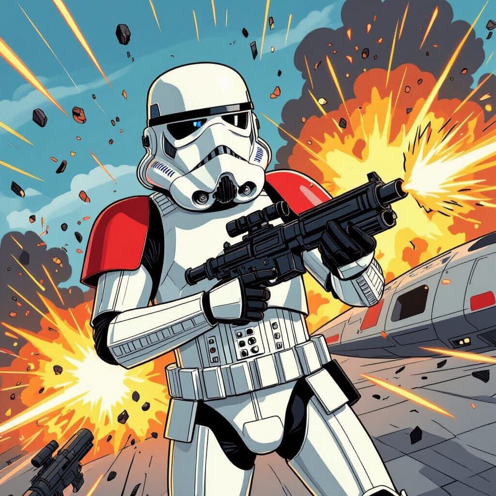 Comedic Stormtrooper Arrival on Sci-Fi Battlefield