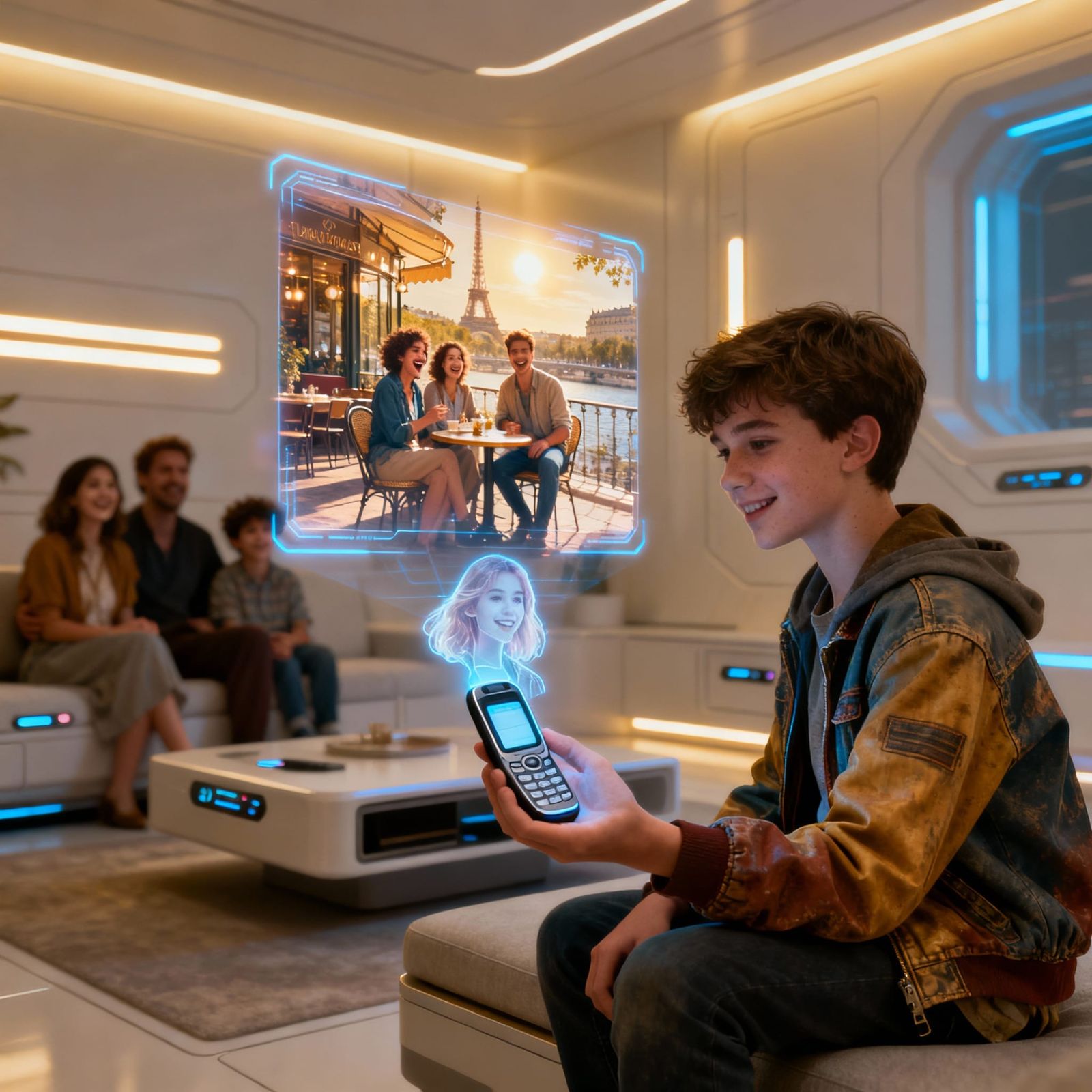 Family in Futuristic Apartment with Holographic Memories