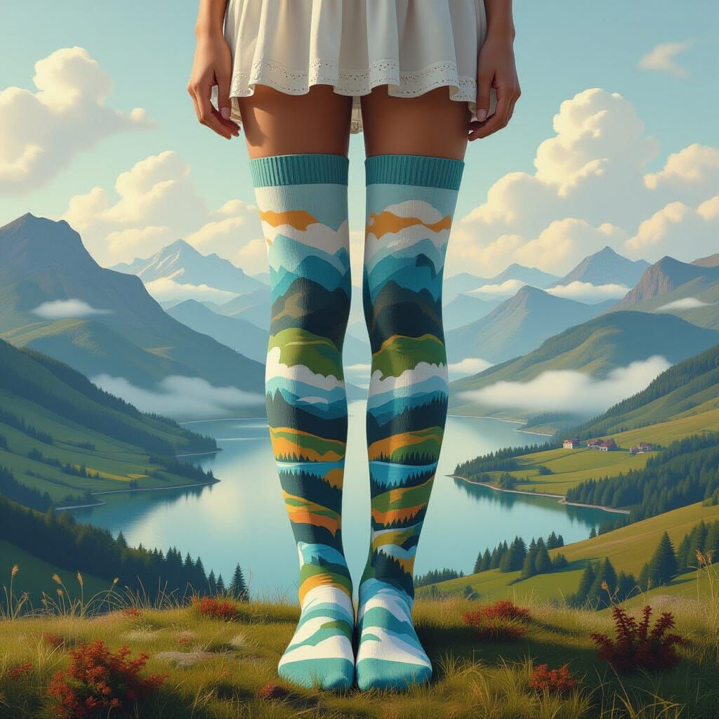 Surreal Landscape with Woman in Socks, Hyperrealistic Style
