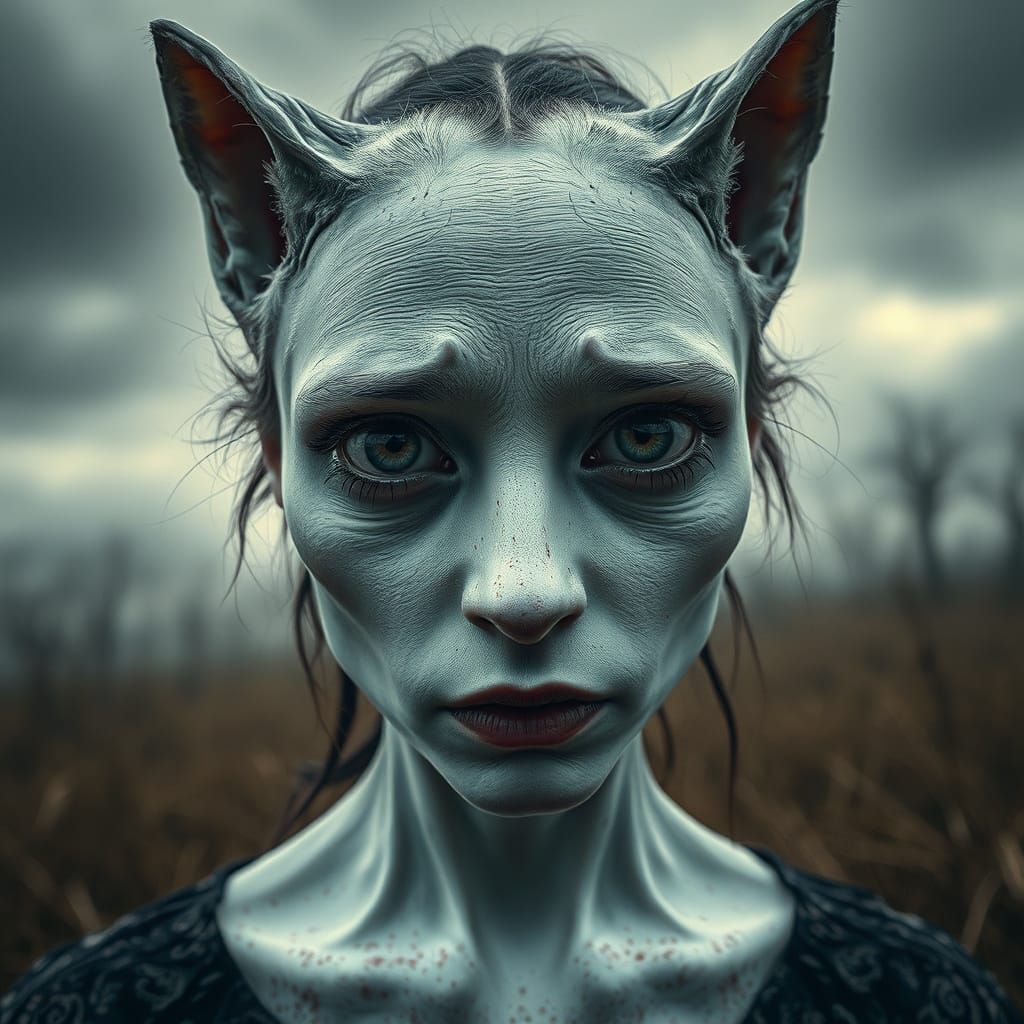 Haunting Half-Animal Woman in Eerie Landscape