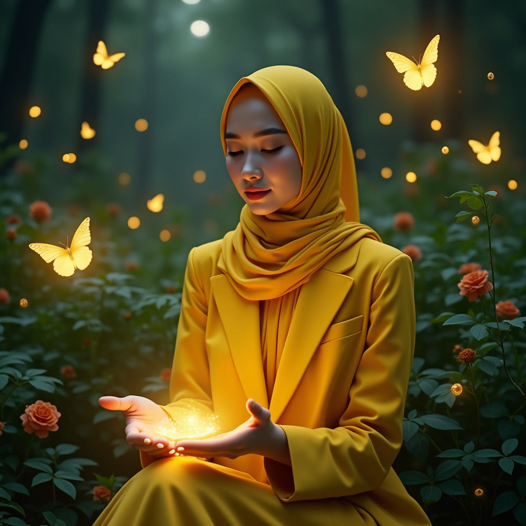 Young Indonesian Woman Embracing Whimsical Nighttime Garden