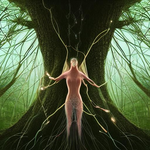 Tree-Human Hybrid Woman Creates Electricity in Forest