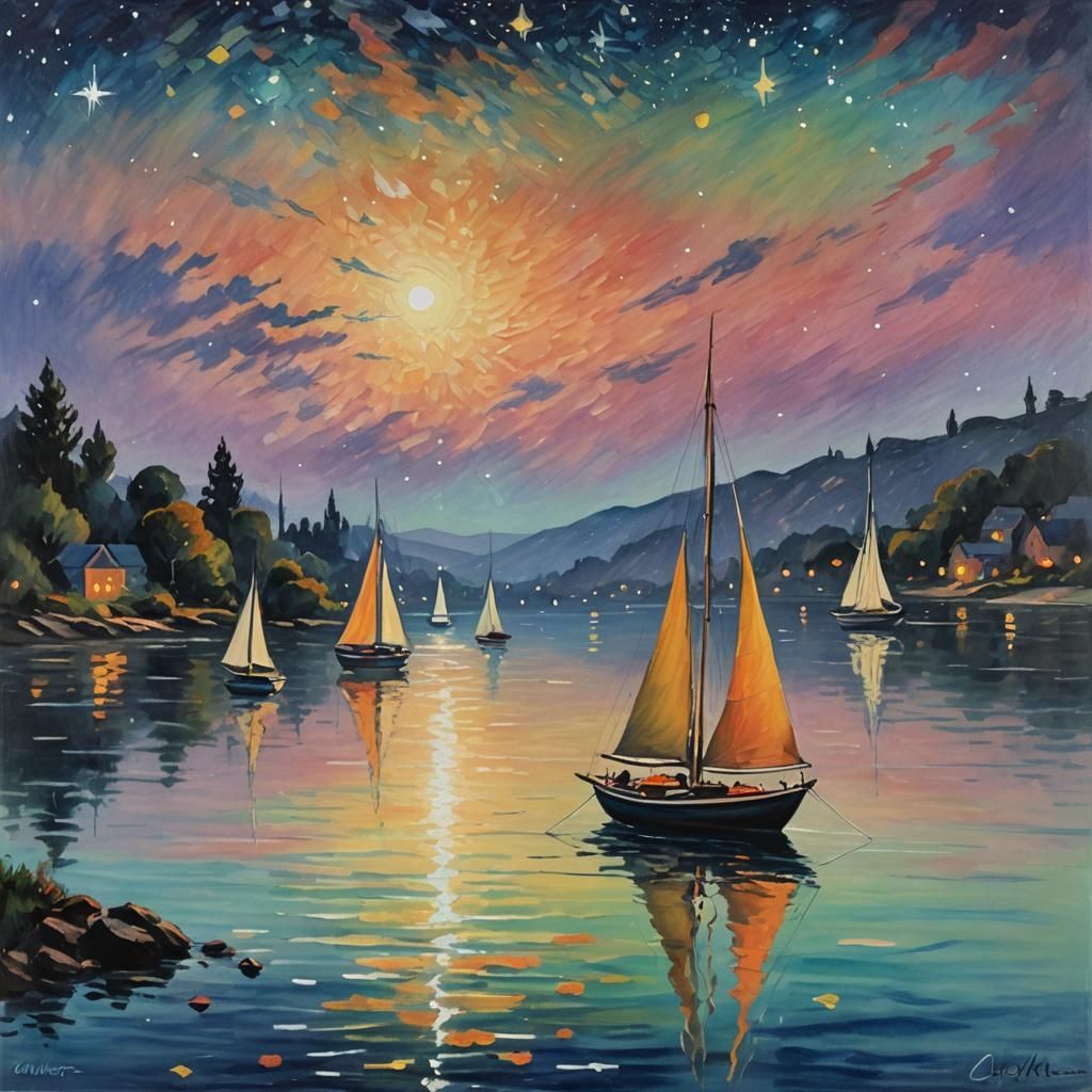 Impressionist Bay at Twilight with Starry Sky
