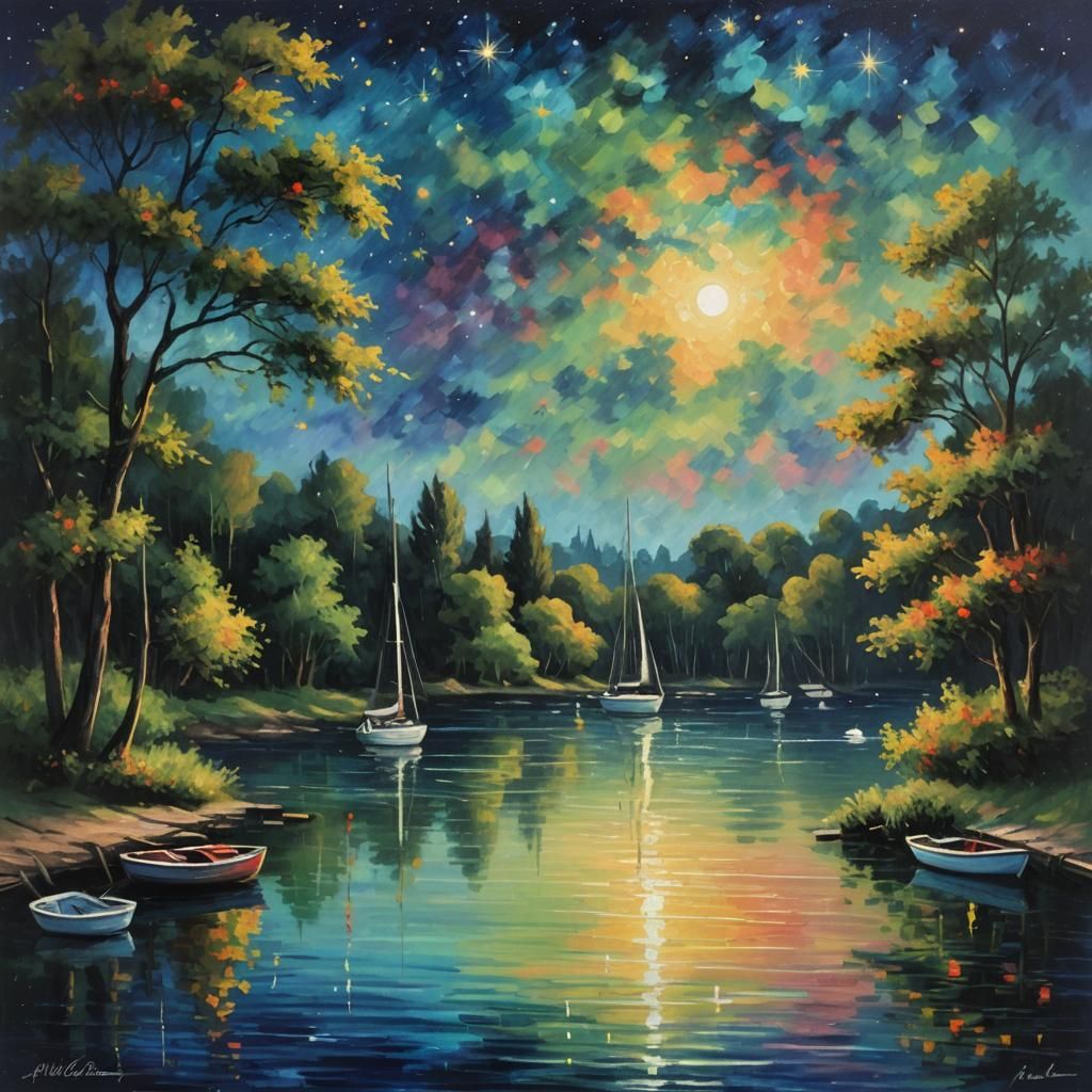 Monet-Inspired Bay with Starry Night Sky