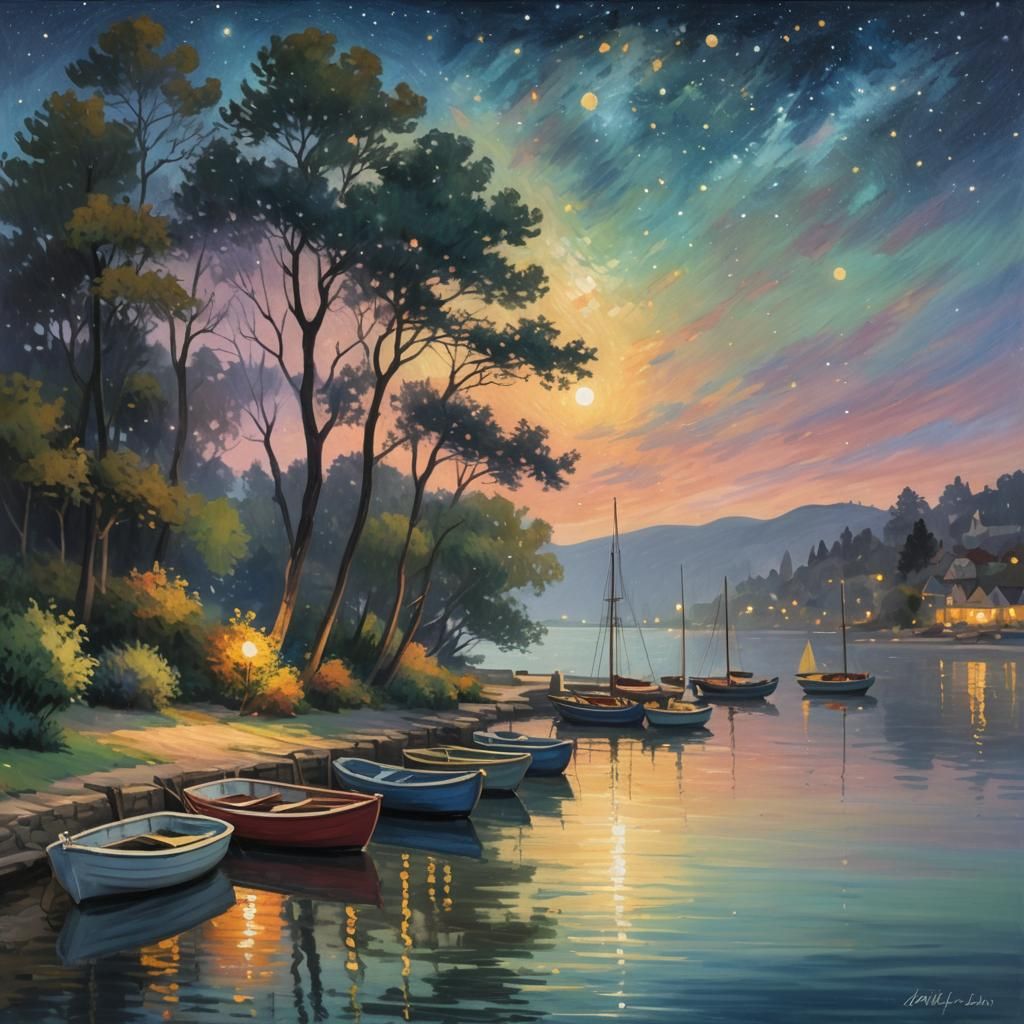 Impressionist Bay at Night Under Starry Sky