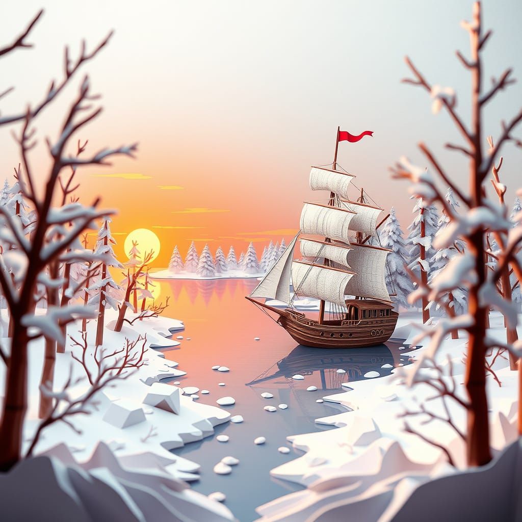 Majestic Paper Sailboat in Winter Sunset Landscape