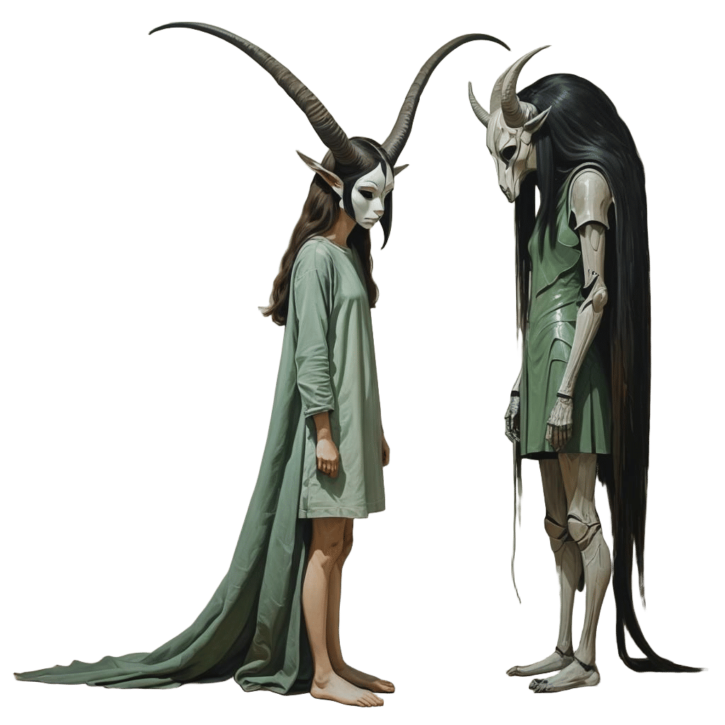 Dejected Girl with Humanoid Entity in Bedroom