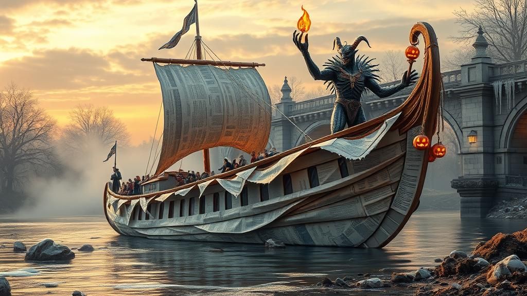 Newspaper Ship Sailing Under Gothic Bridge